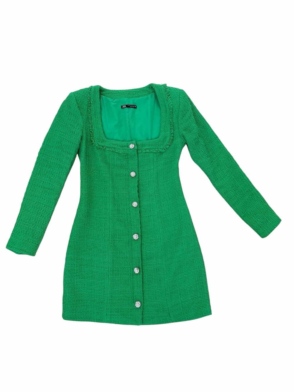 Zara Emerald Green Tweed Dress with Crystal Flower Buttons